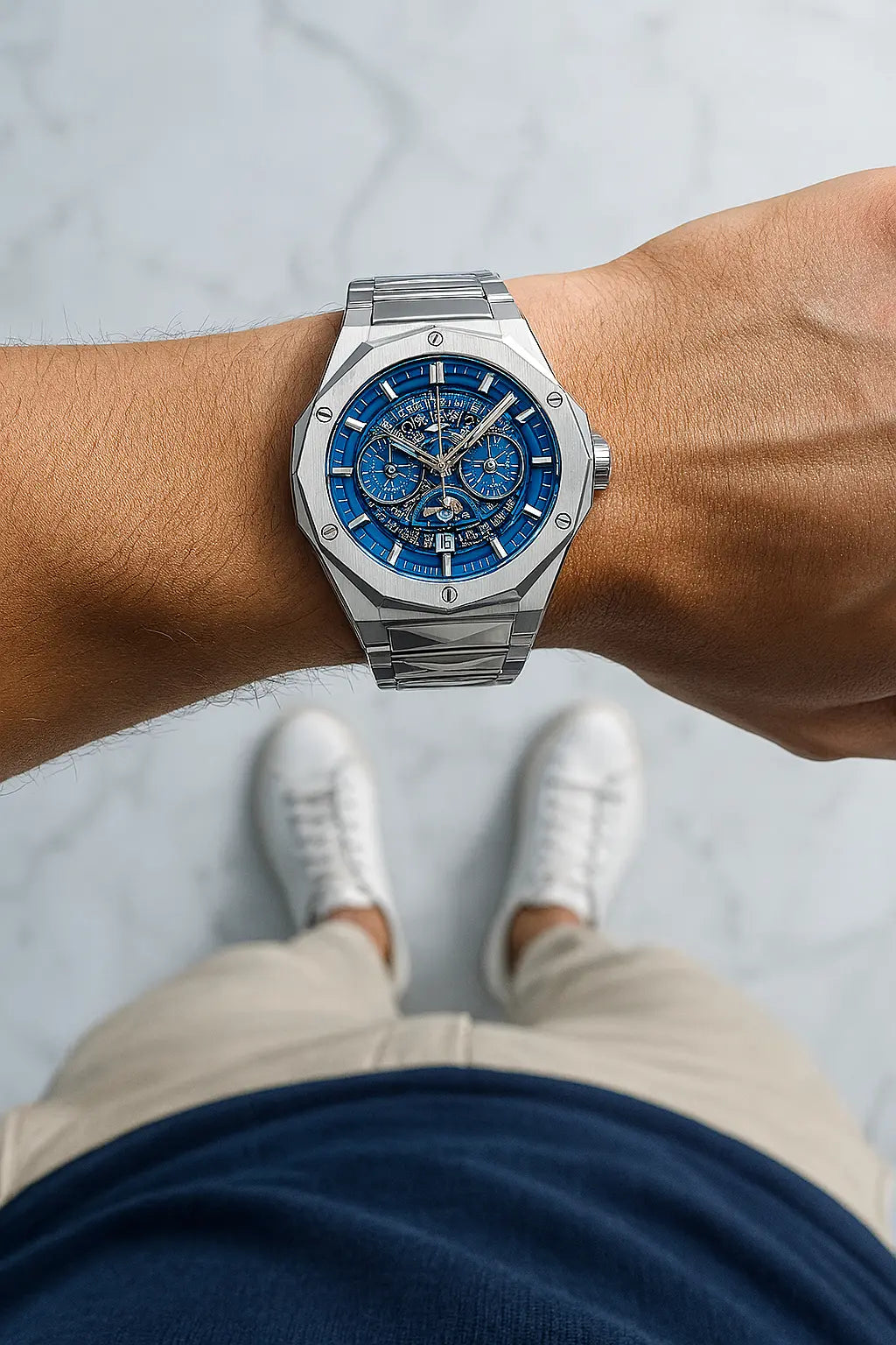 Diamond Cut | Date Adjustment | Texture Chain |Silver Blue