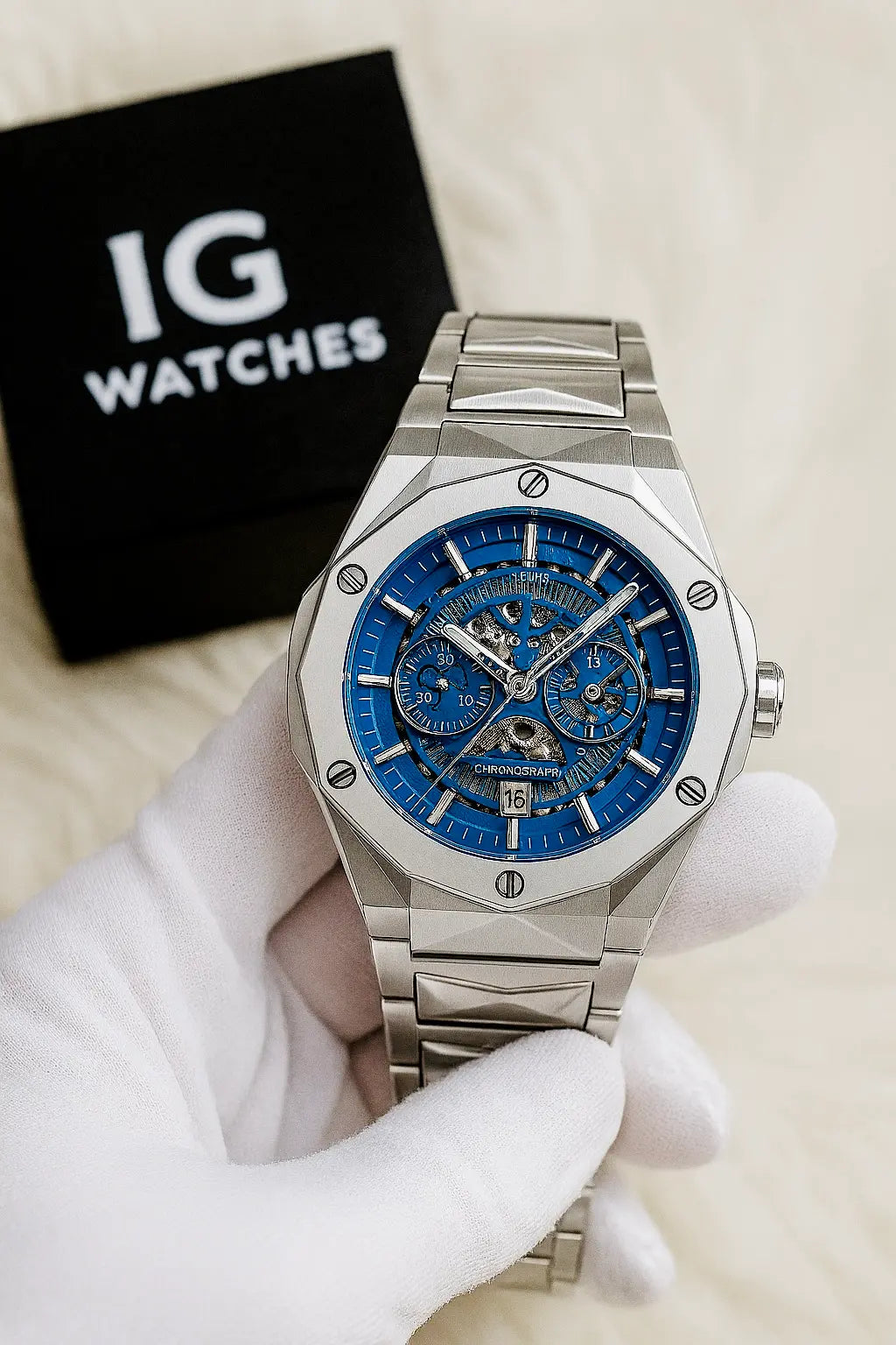 Diamond Cut | Date Adjustment | Texture Chain |Silver Blue