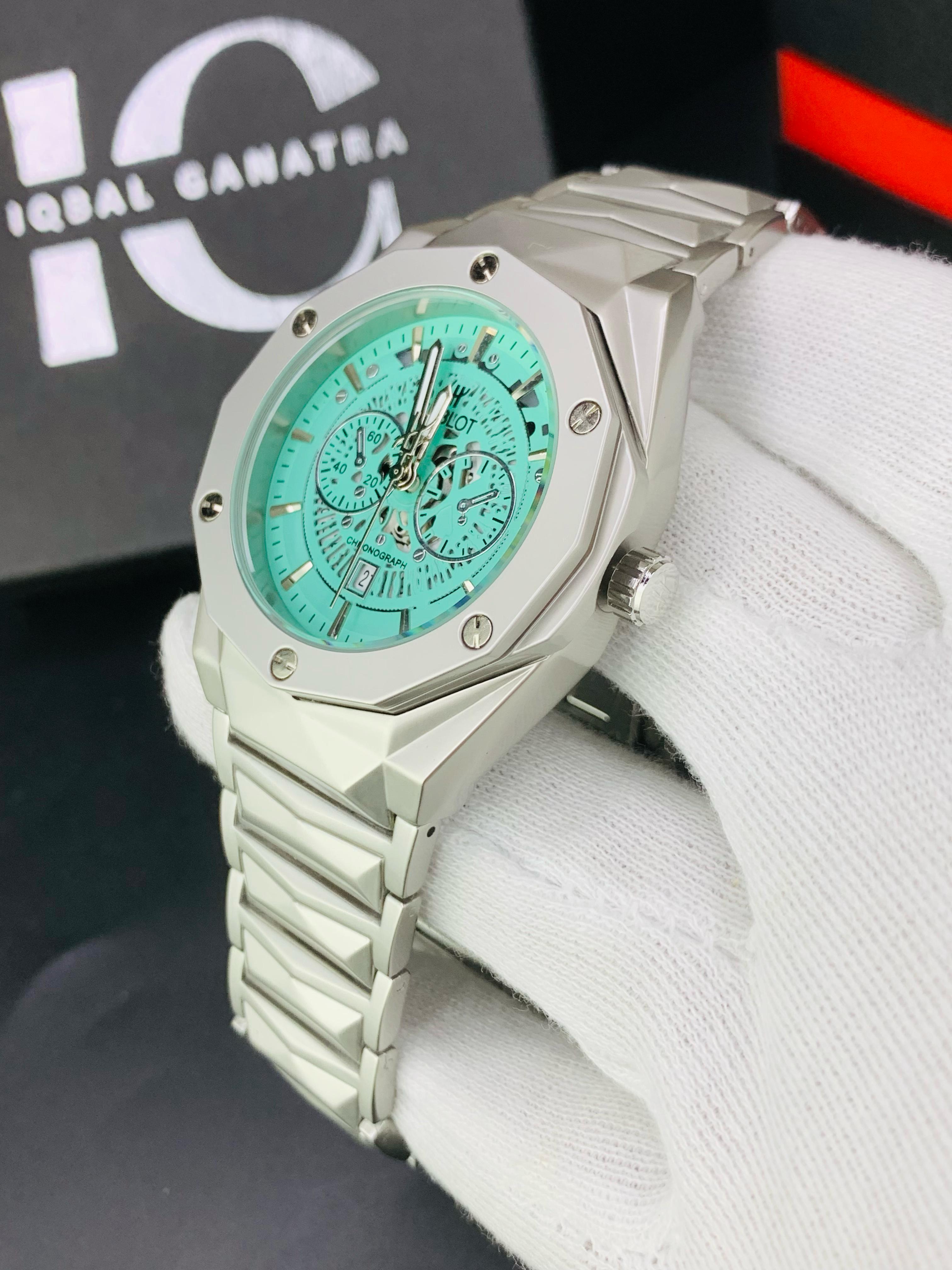 Diamond Cut | Date Adjustment | Texture Chain |Silver Sky Blue