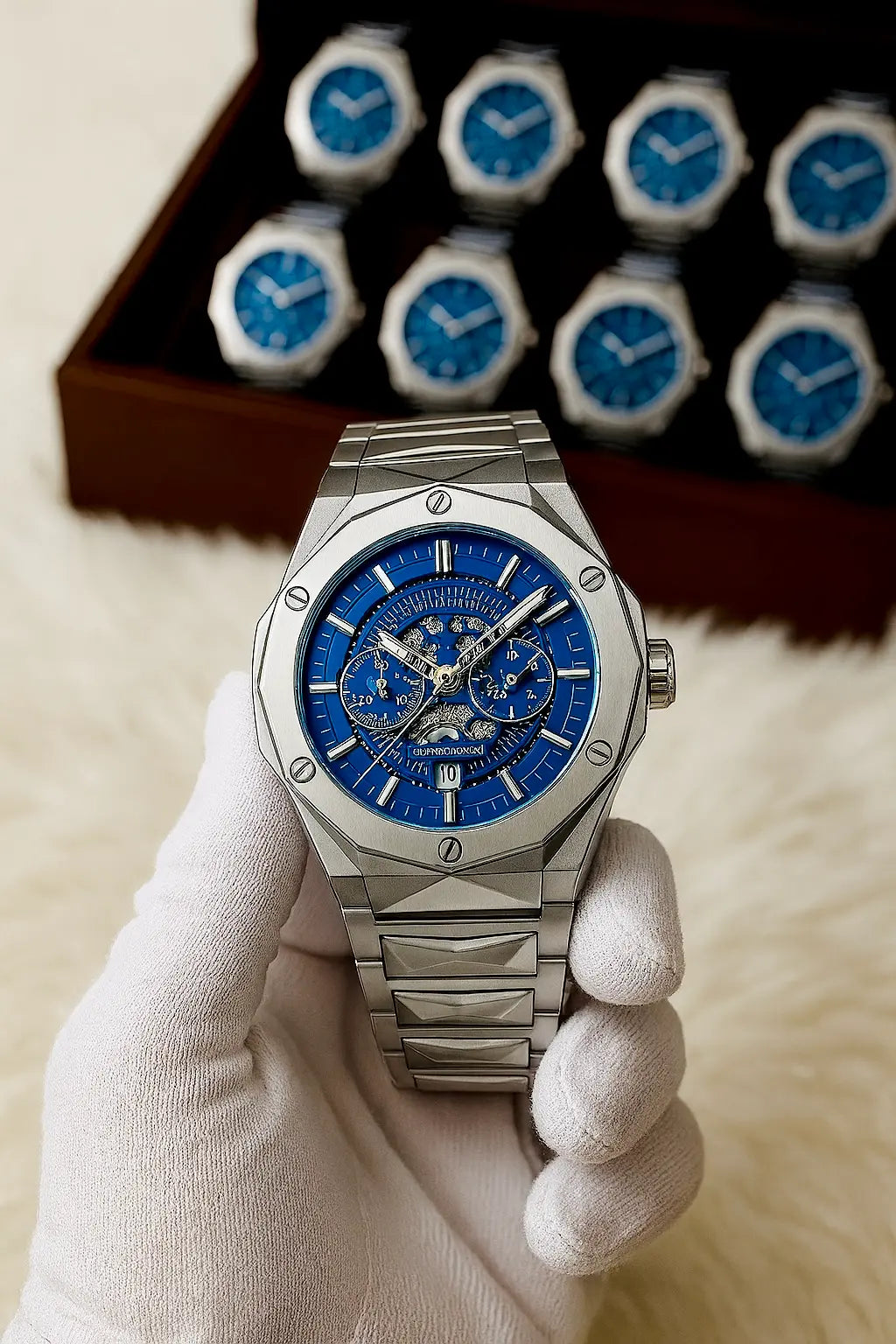 Diamond Cut | Date Adjustment | Texture Chain |Silver Blue