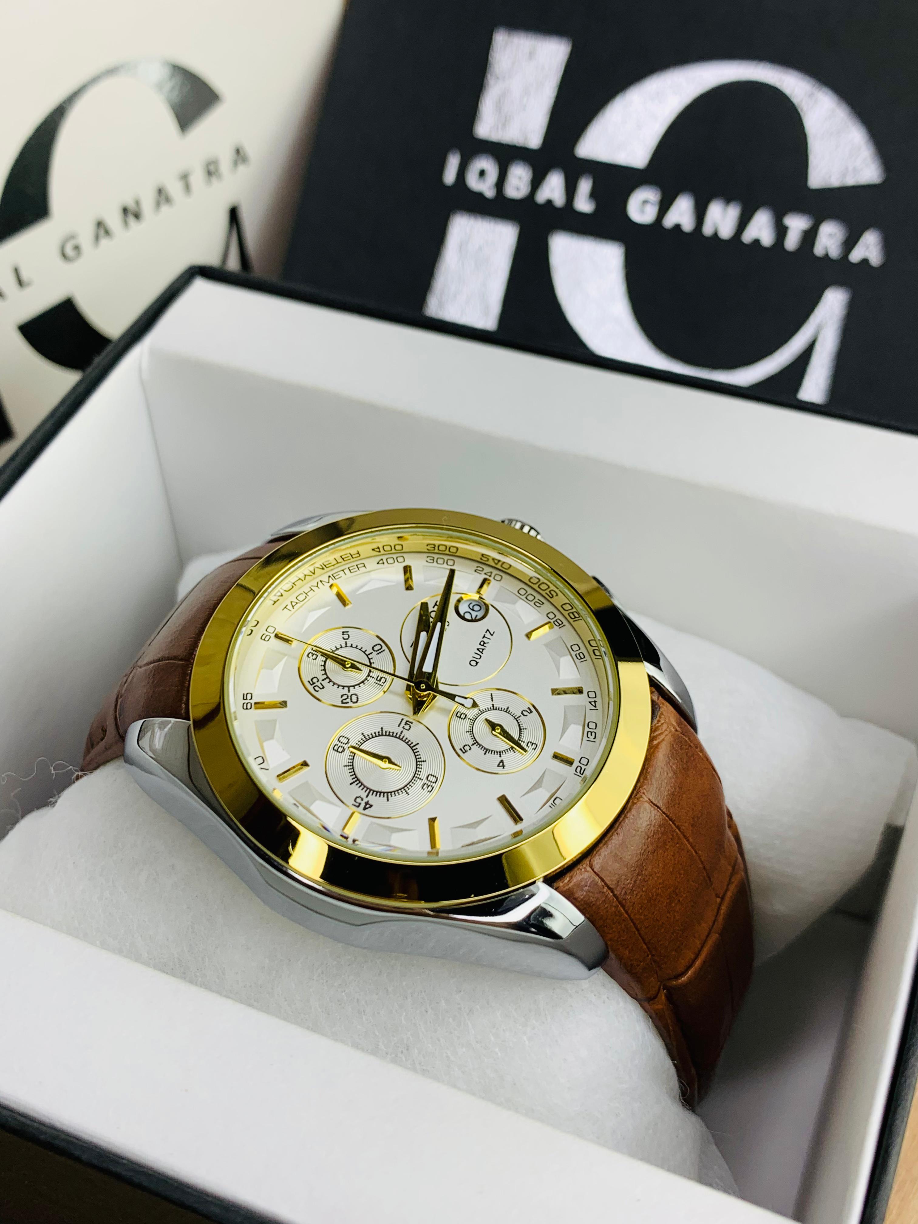 Branded Chronograph working Watch (Golden Case Brown Strap)