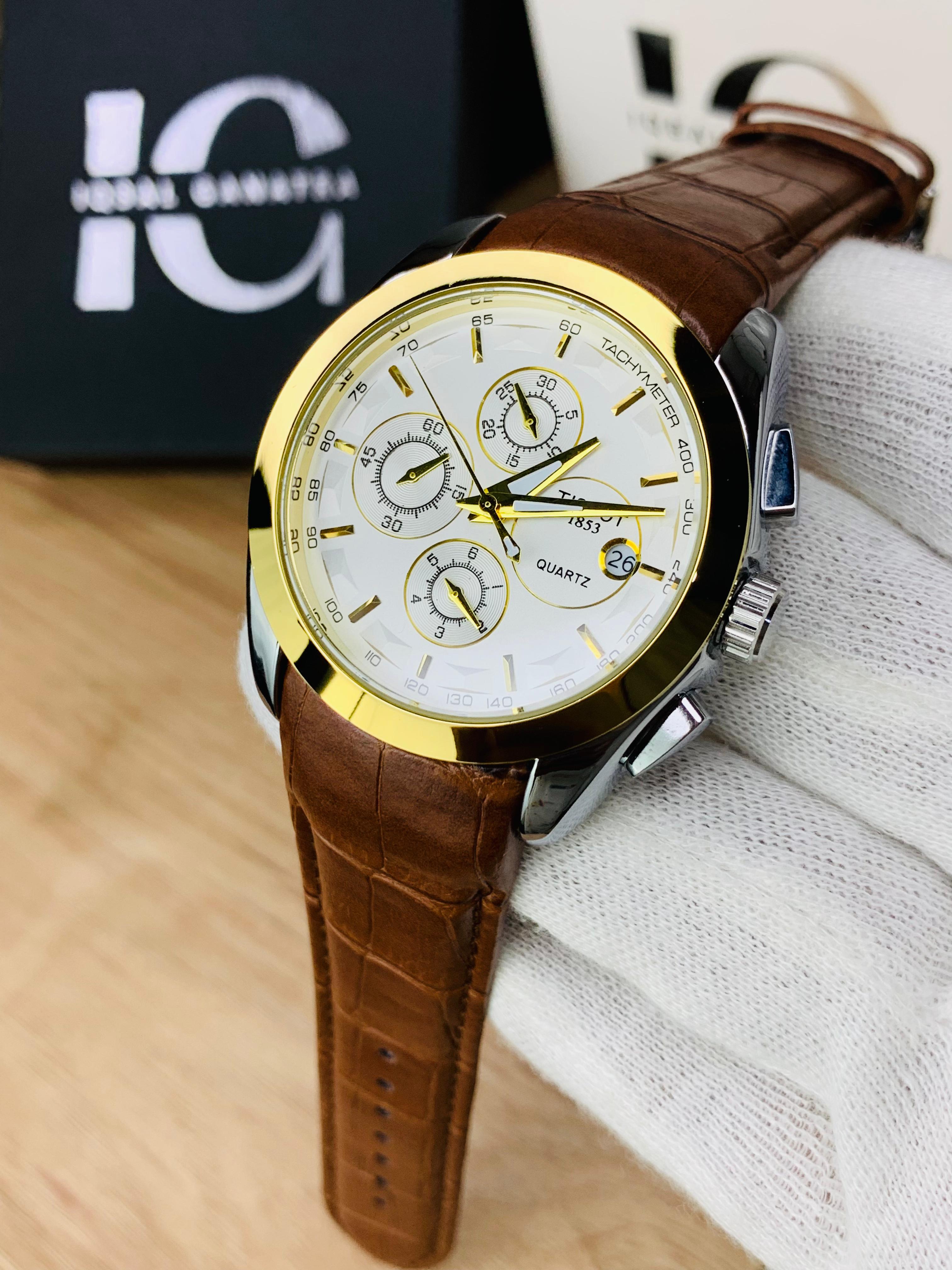 Branded Chronograph working Watch (Golden Case Brown Strap)