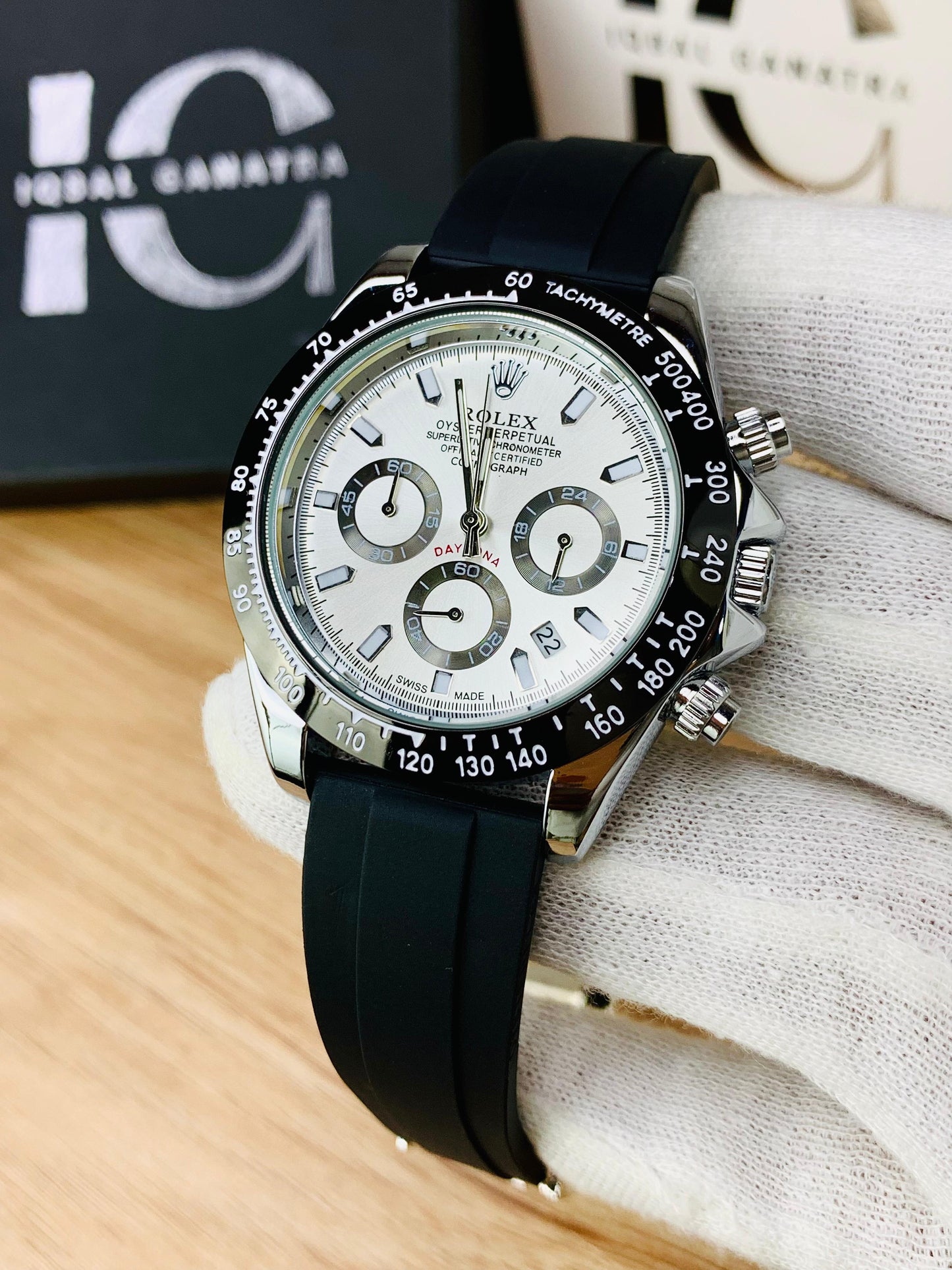 Daytona Chrono (Black Strap Silver Case Inner White)