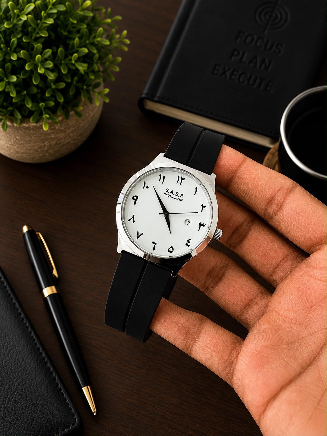 Sabr Watch | Black Strap | Silver White Dial