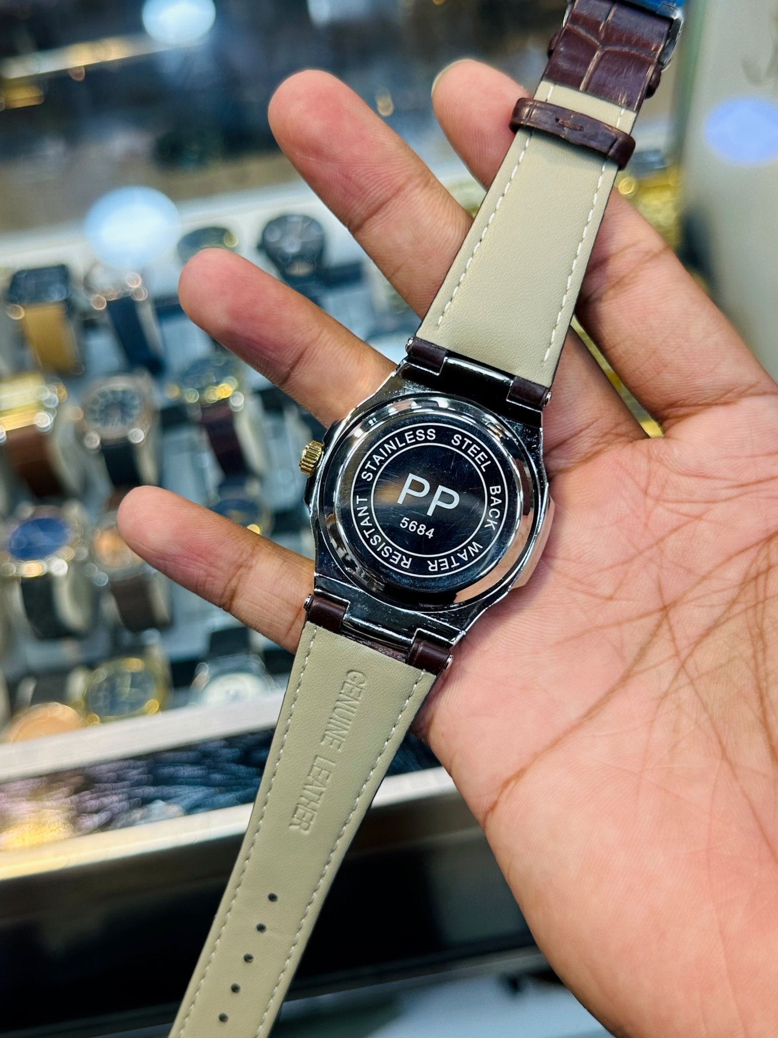 PP leather Strap | Brown Strap Silver White Case