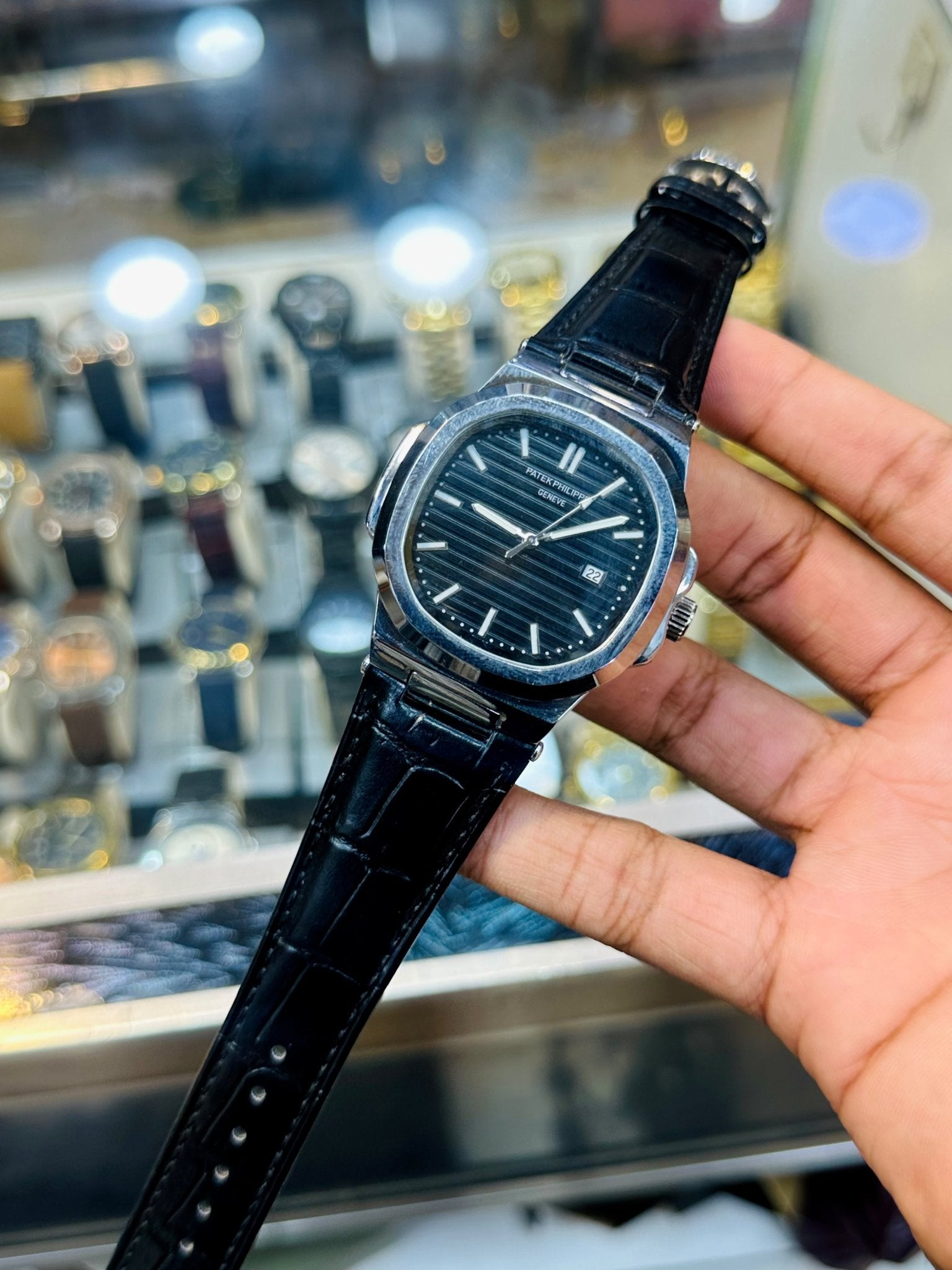 PP leather Strap | Black Strap Silver Black Case