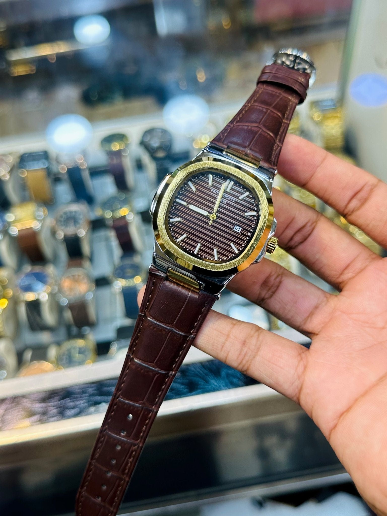PP leather Strap | Brown Strap Gold Brown Case