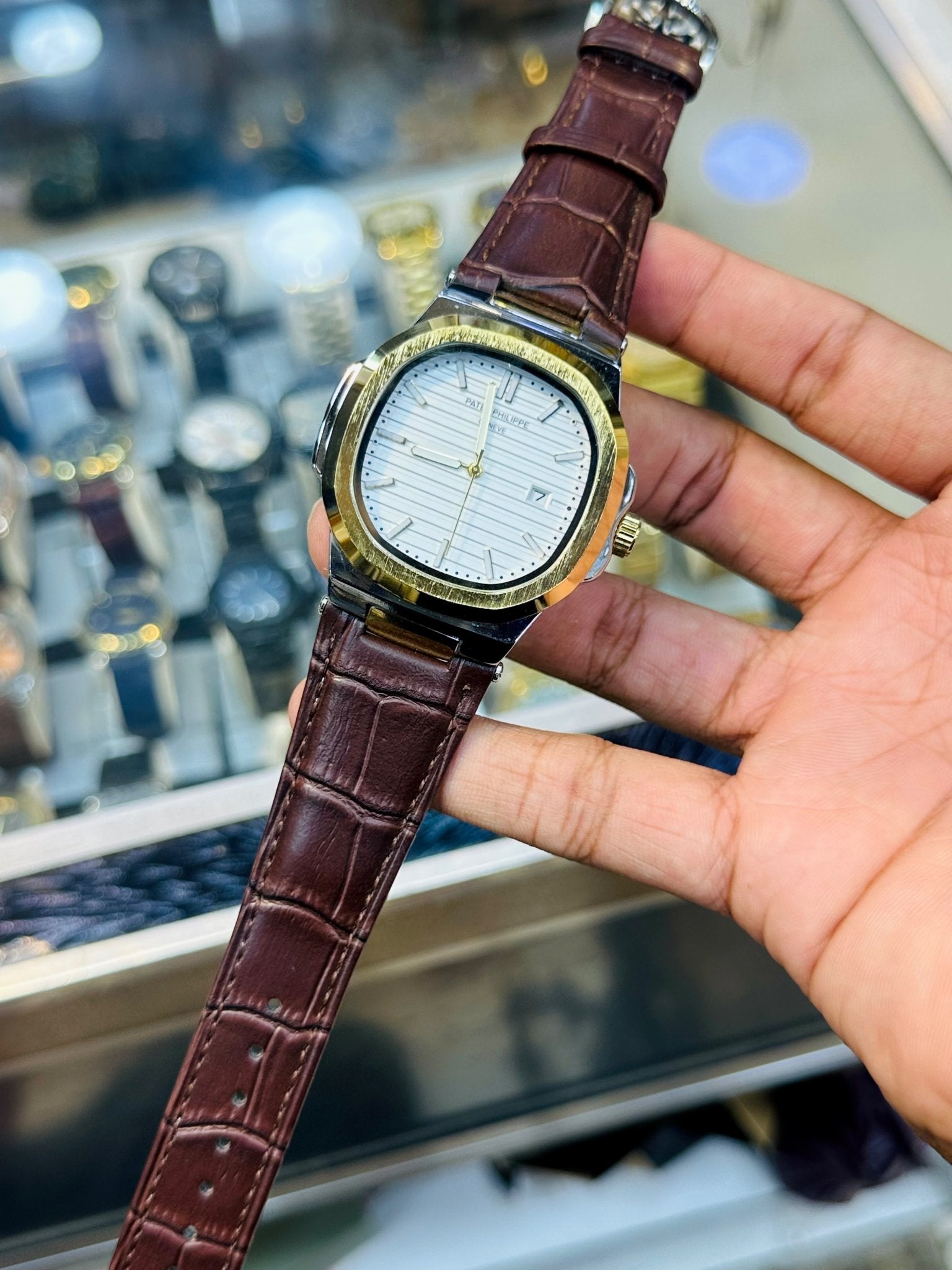 PP leather Strap | Brown Strap Gold White case