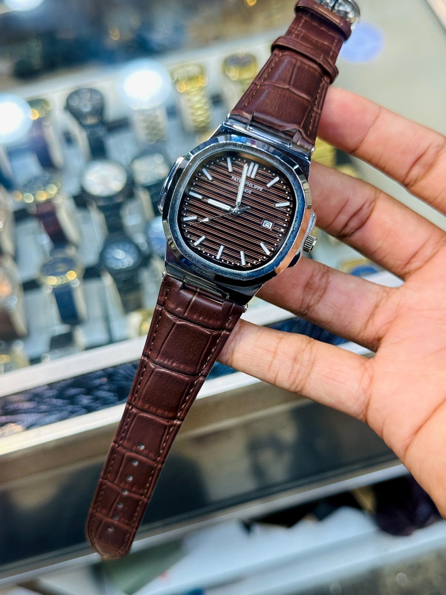 PP leather Strap | Brown Strap Silver Brown Case