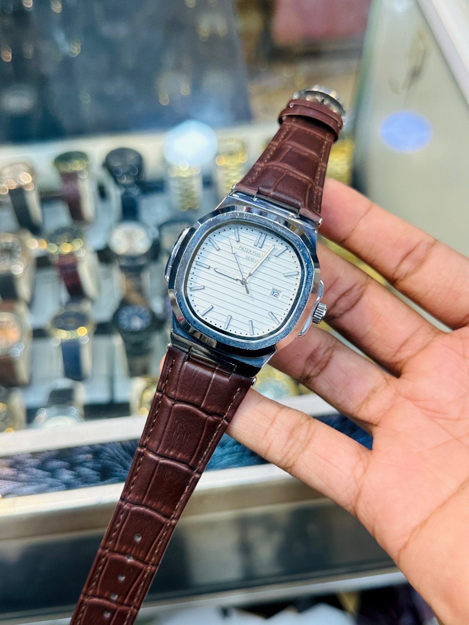 PP leather Strap | Brown Strap Silver White Case